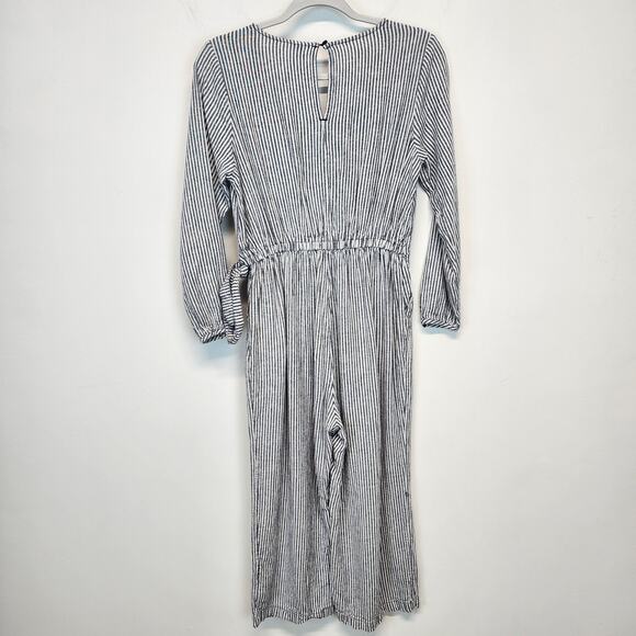 Old Navy Striped Wide Leg Crop Jumpsuit Size S Linen Blend Long Sleeve Tie Waist - Picture 4 of 15